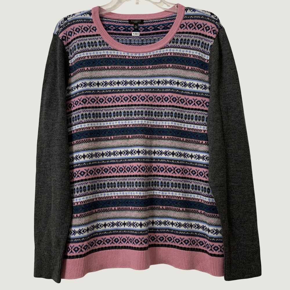 Talbots Sweater Women XL Petite Pink Grey Fair Isle Lambswool Blend Long Sleeve